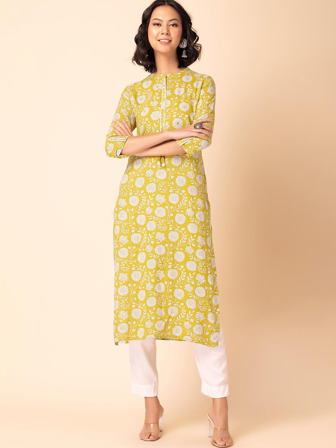 

INDYA Mandarin Collar Floral Printed Mirror Work Straight Kurta, Yellow