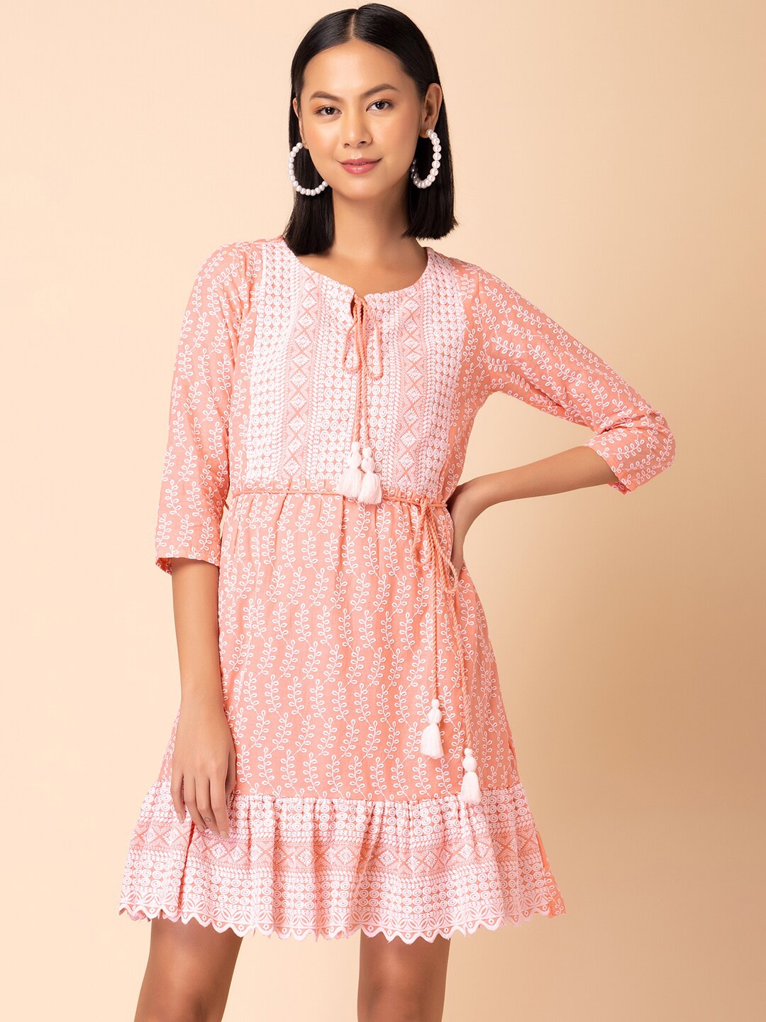 

INDYA Ethnic Embroidered Tie Up Neck Tiered Cotton Fit & Flare Dress With Belt, Peach