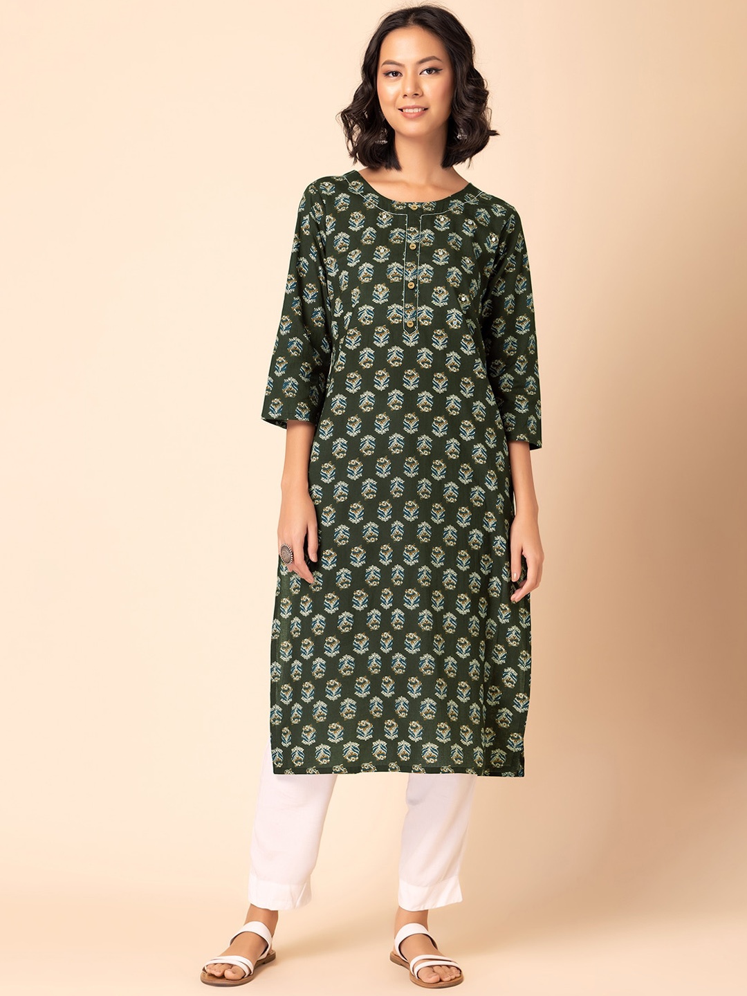 

INDYA Floral-Printed Pure-Cotton A-Line Kurta, Green