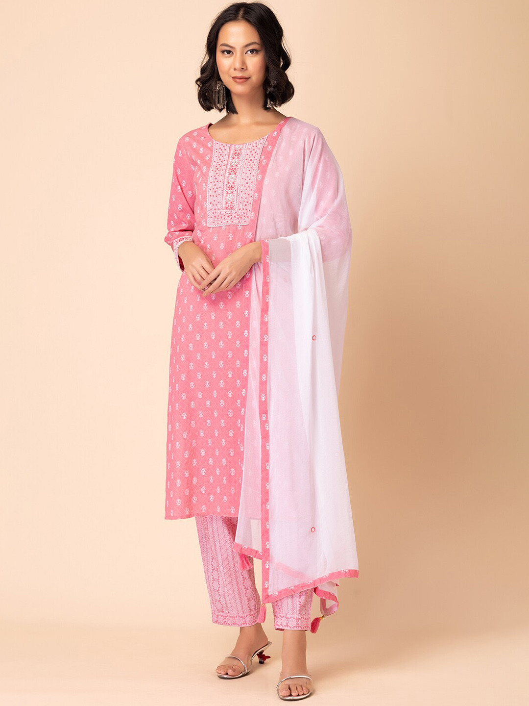 

INDYA Floral Printed & Embroidered Cotton Straight Kurta With Trouser & Dupatta, Pink