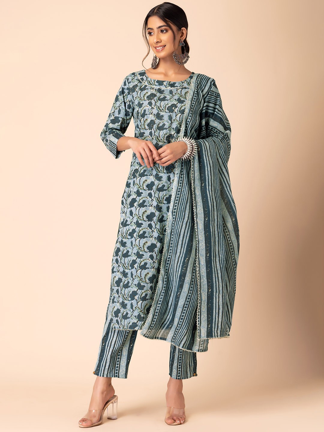 

INDYA Abstract Printed & Beads and Stones Cotton Straight Kurta With Trouser & Dupatta, Grey