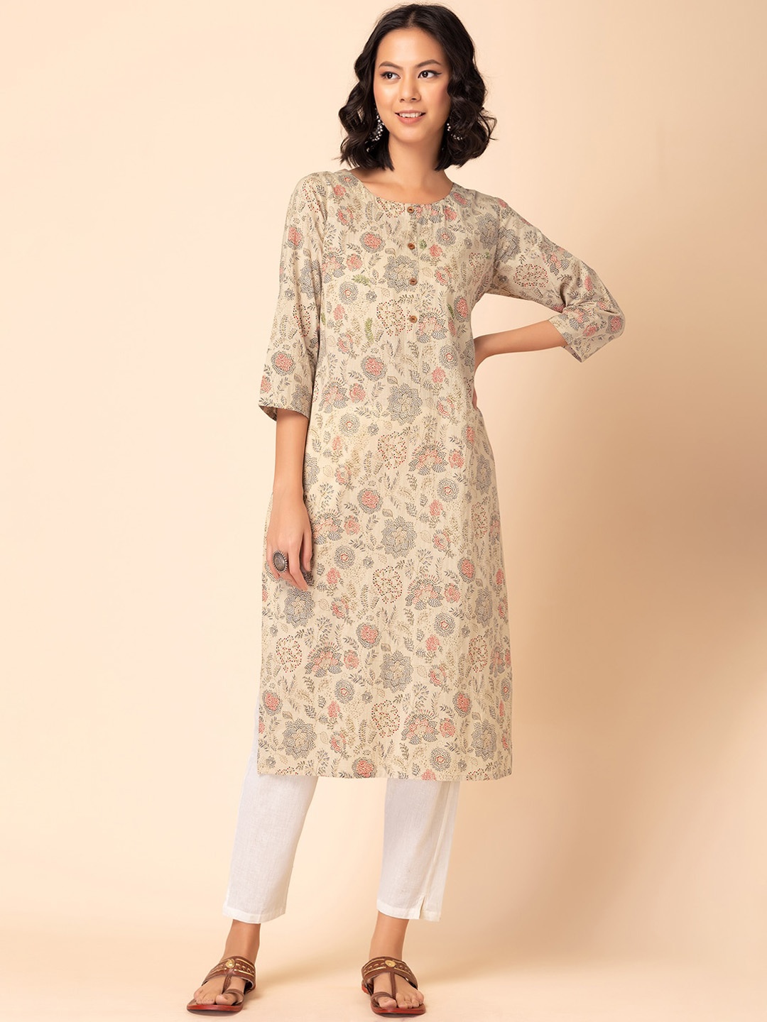 

INDYA Floral Kantha Printed Pure Cotton Kurta, Beige