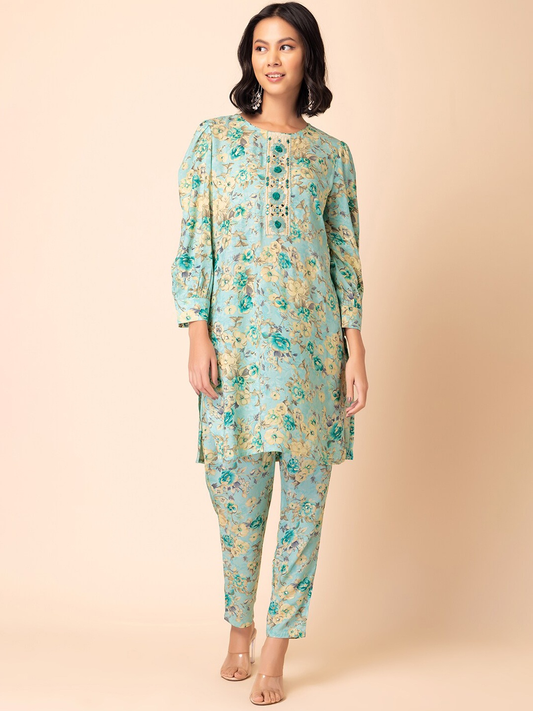 

INDYA Floral Printed Straight Kurta With Trouser, Blue