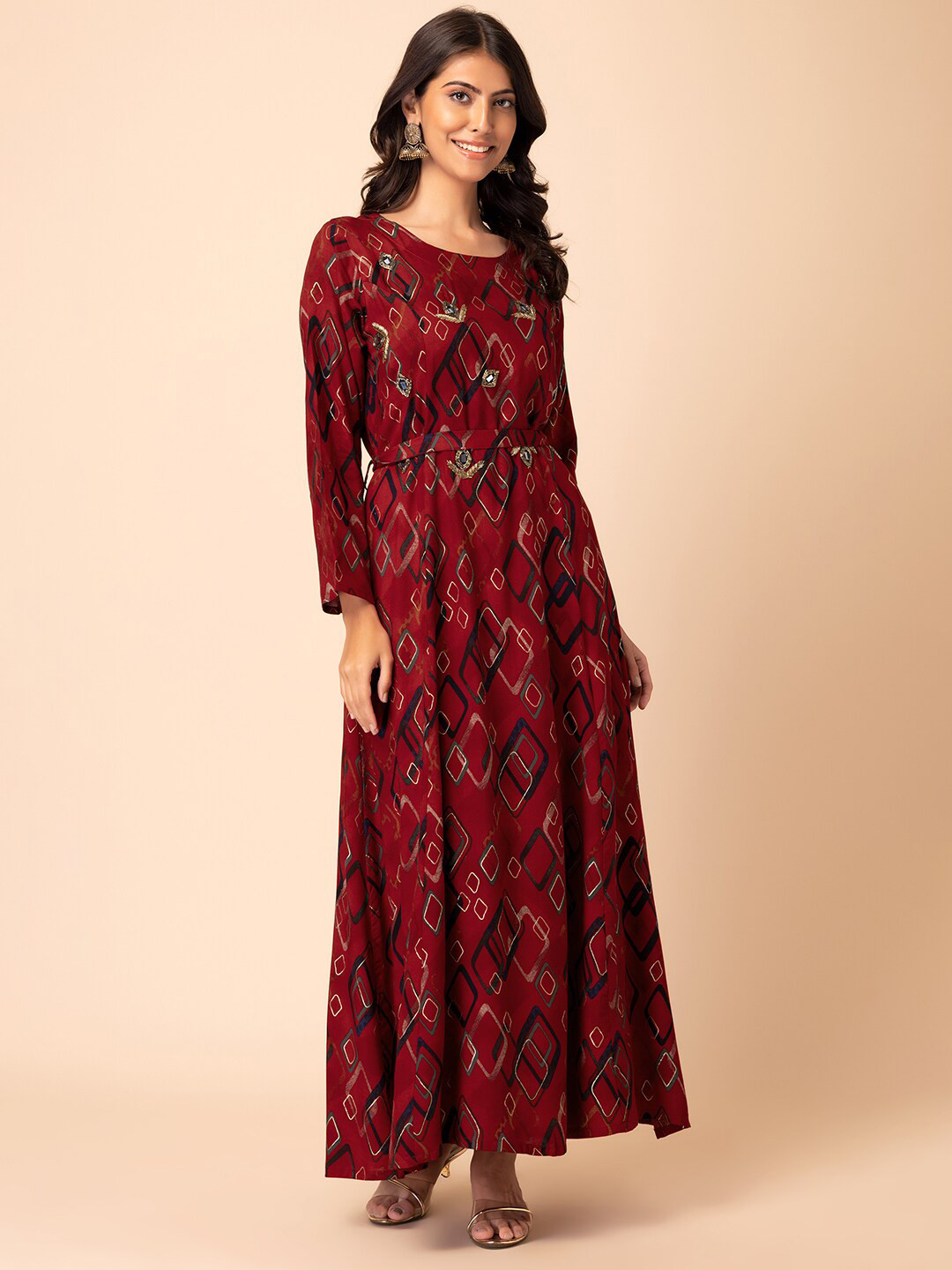 

INDYA Geometric-Printed Embellished Round Neck Maxi Dress, Red