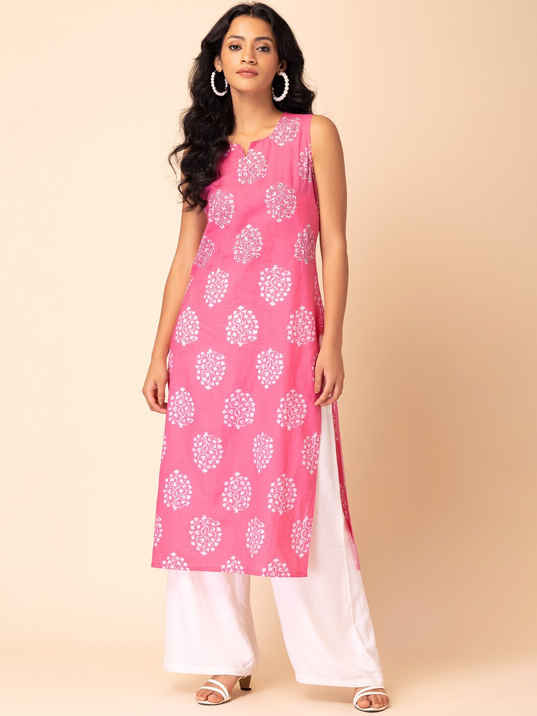 

INDYA Ethnic Motifs Printed Pure Cotton Kurta, Pink
