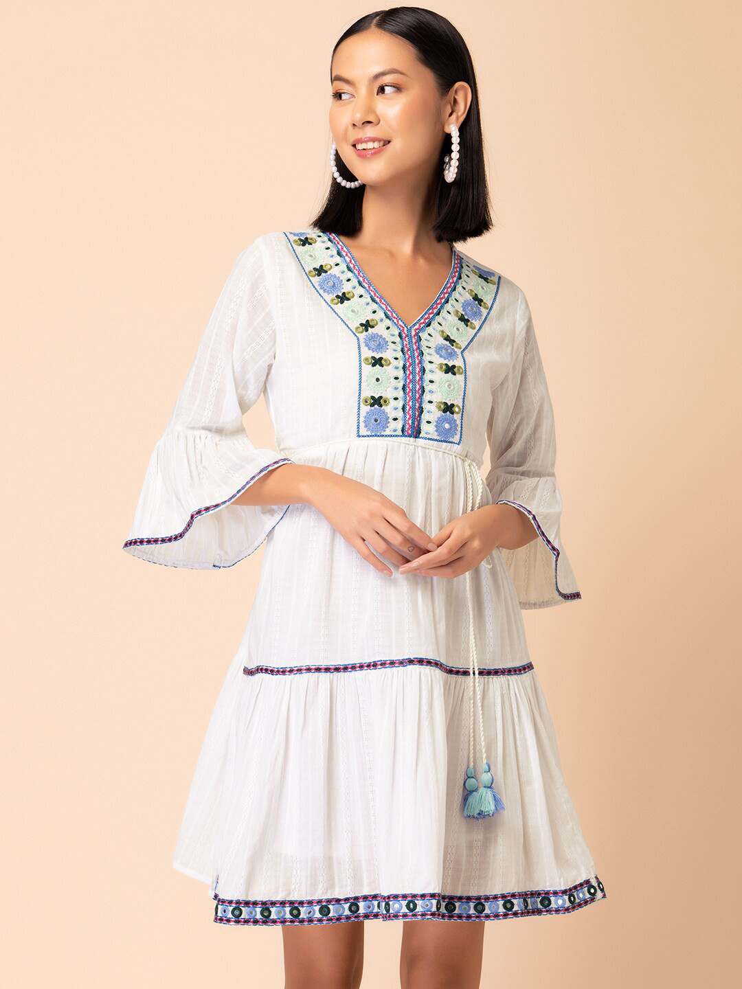 

INDYA Embroidered Bell Sleeves Tiered Pure Cotton Fit & Flare Ethnic Dress, White