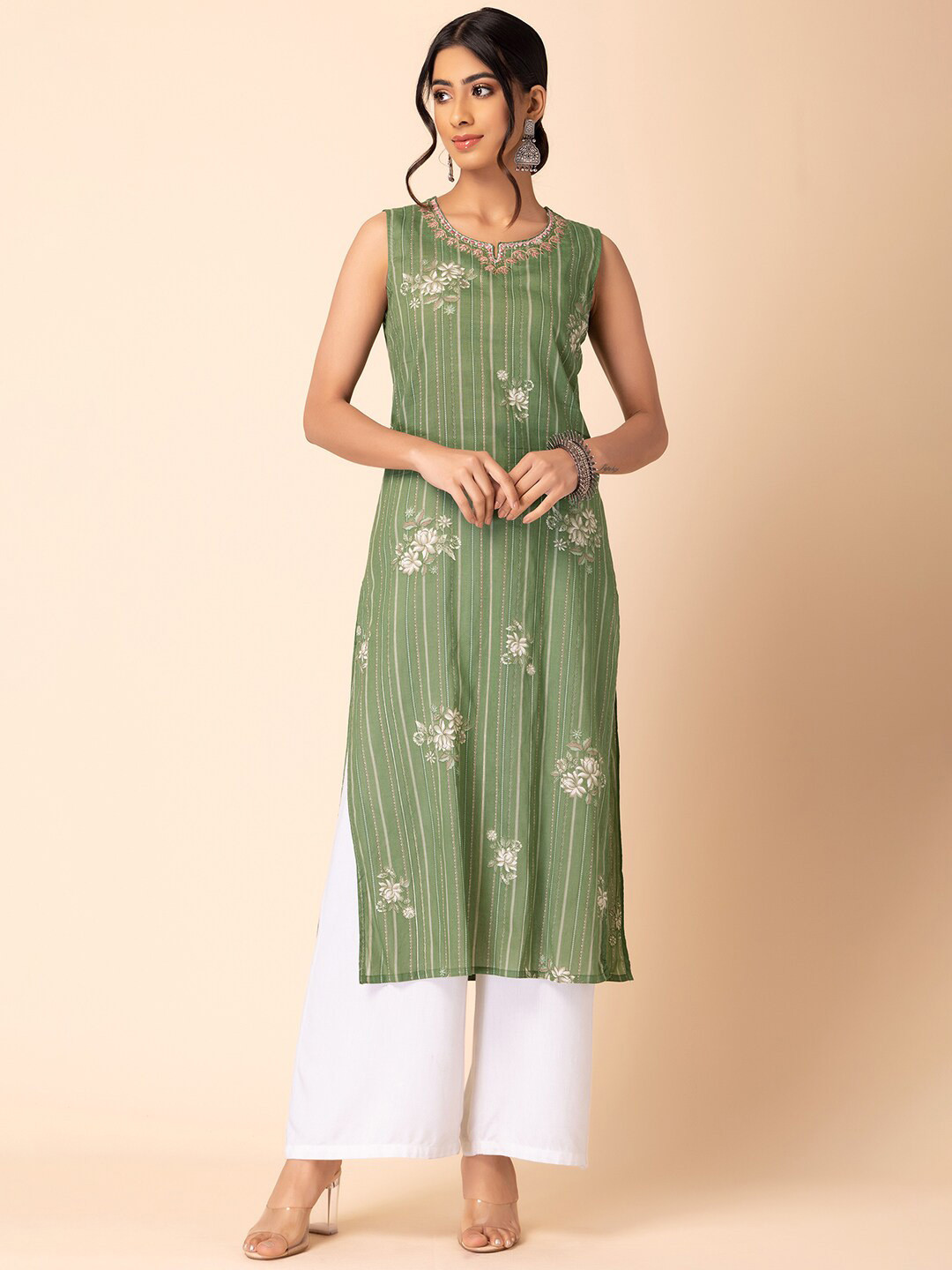 

INDYA Ethnic Motifs Embroidered Pure Cotton Kurta, Green