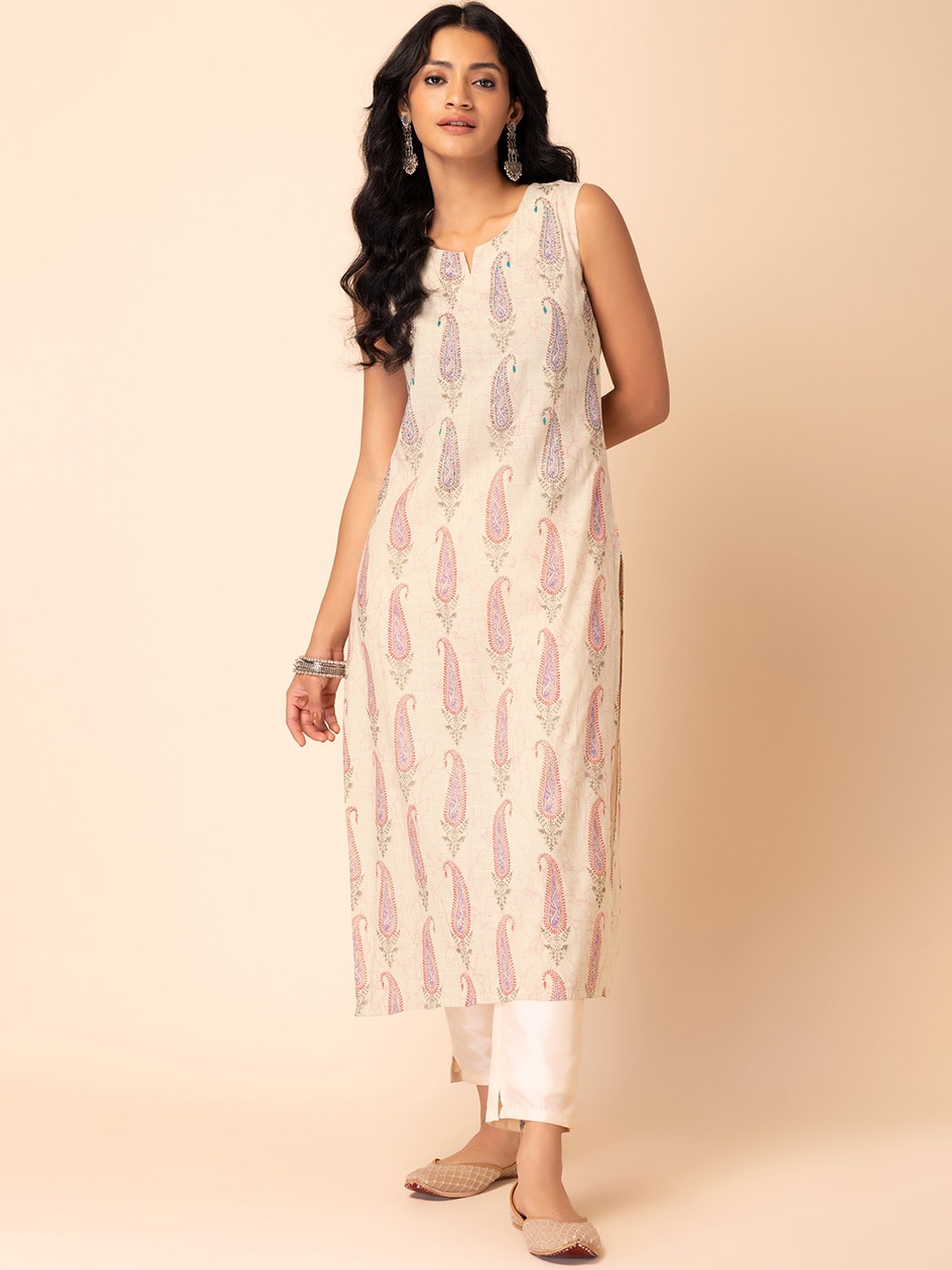 

INDYA Paisley Printed Pure Cotton Kurta, White
