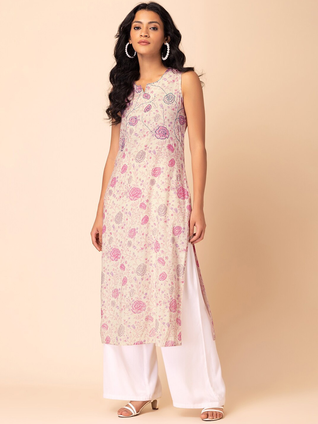 

INDYA Floral Printed Sequins Pure Cotton Kurta, Beige