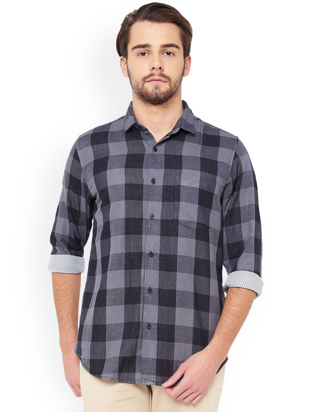 

IVOC Men Grey & Black Slim Fit Checked Casual Shirt
