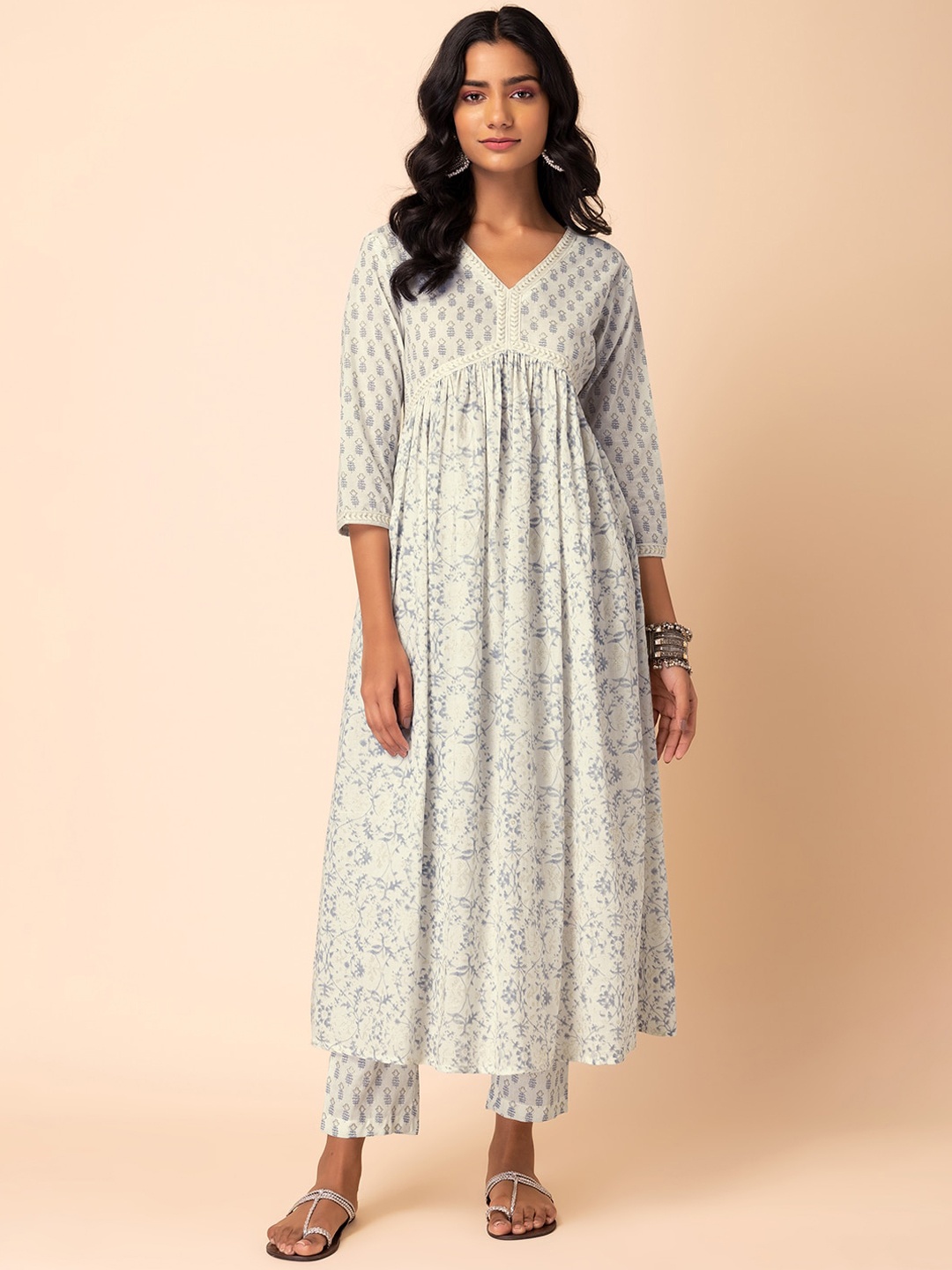 

INDYA Floral Printed Thread Work Pure Cotton A-Line Kurta With Trousers, Off white