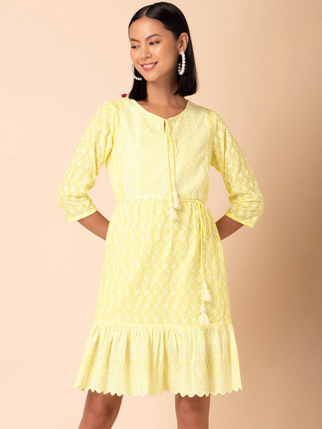 

INDYA Embroidered Pure Cotton A-Line Dress, Yellow