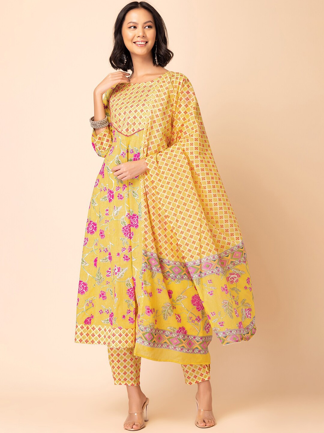 

INDYA Floral Printed Anarkali Kurta With Trouser & Dupatta, Yellow