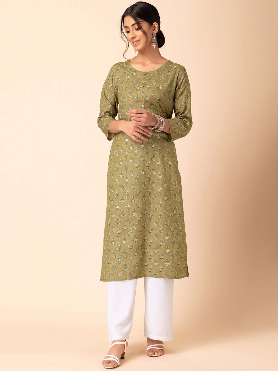 

INDYA Ethnic Motifs Printed Mirror Work Pure Cotton Kurta, Green