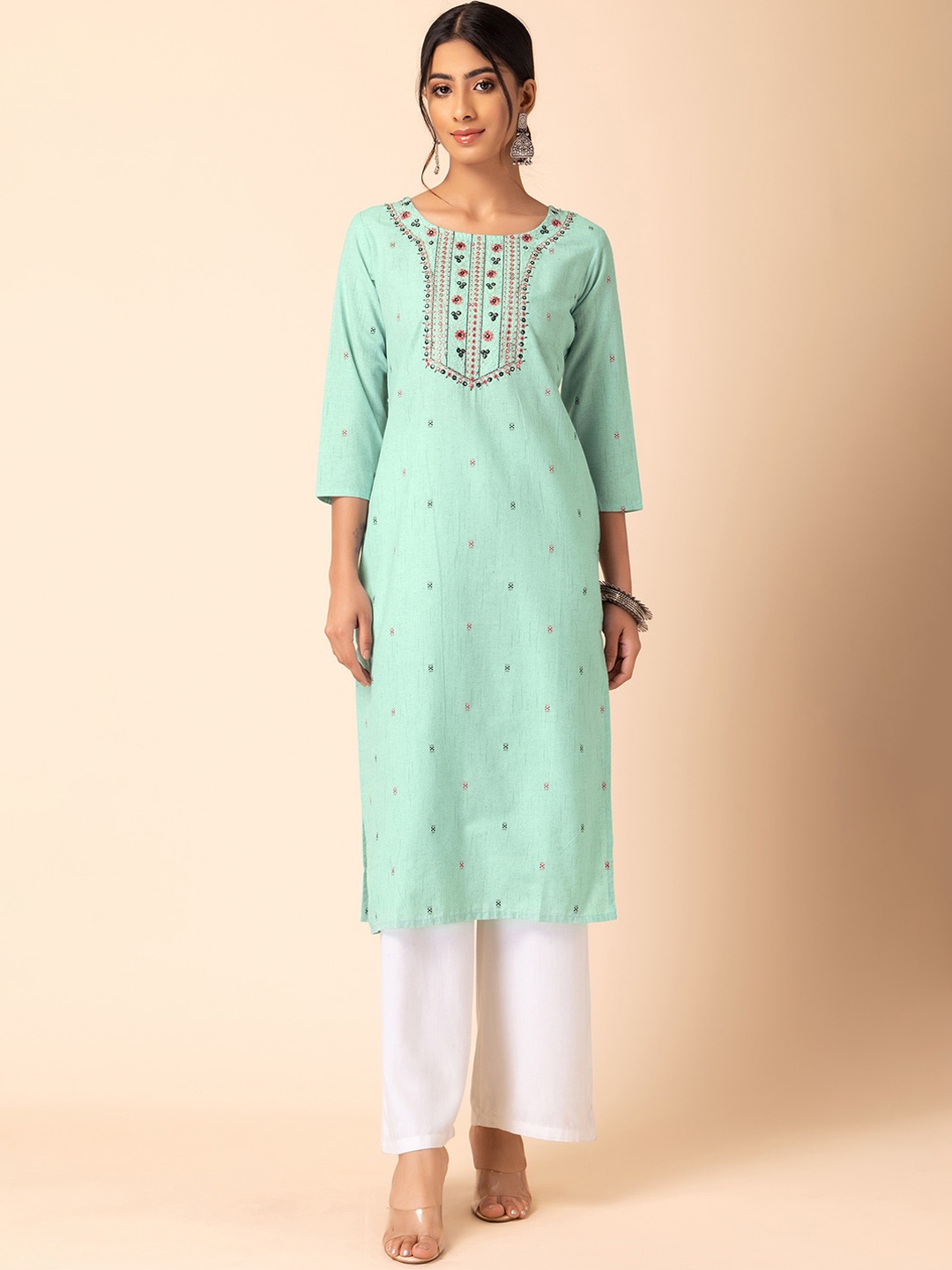 

INDYA Ethnic Motifs Yoke Design Mirror Work Pure Cotton Kurta, Green