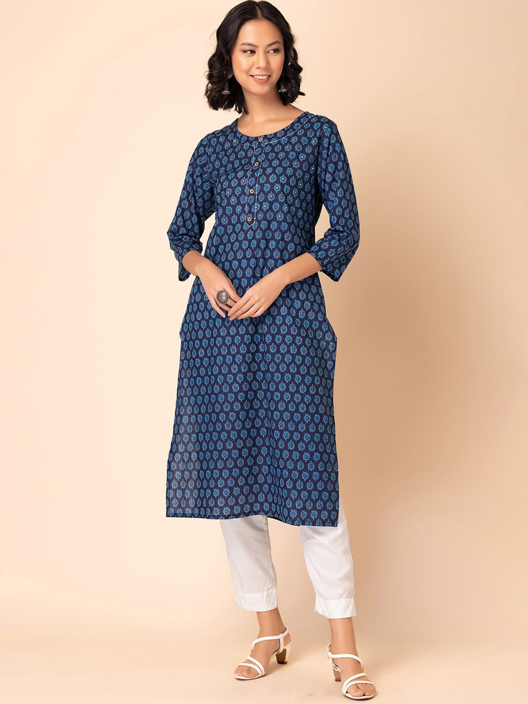 

INDYA Ethnic Motifs Printed Sequins Pure Cotton Kurta, Navy blue