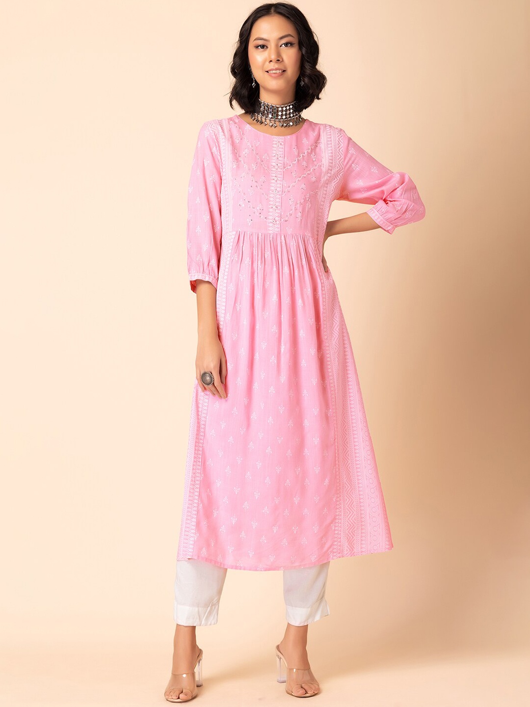 

INDYA Pleated Floral Printed Sequined A-Line Kurta, Pink