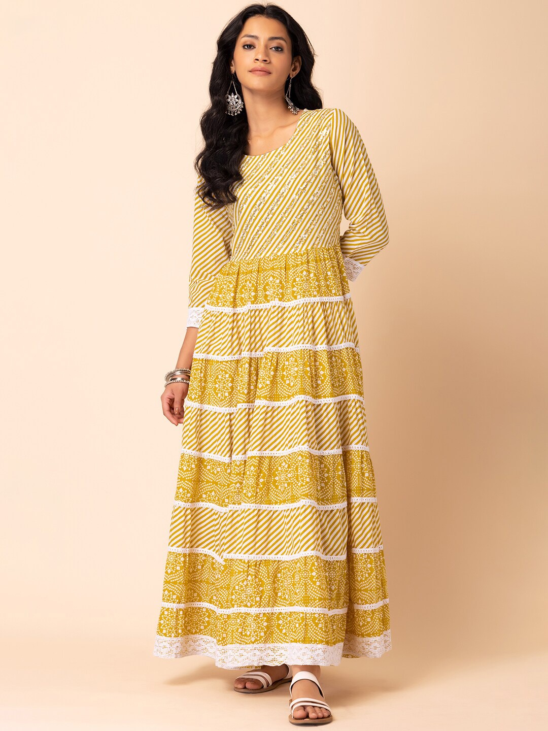 

INDYA Leheriya Stripes & Sequins Cotton Maxi Ethnic Dress, Yellow