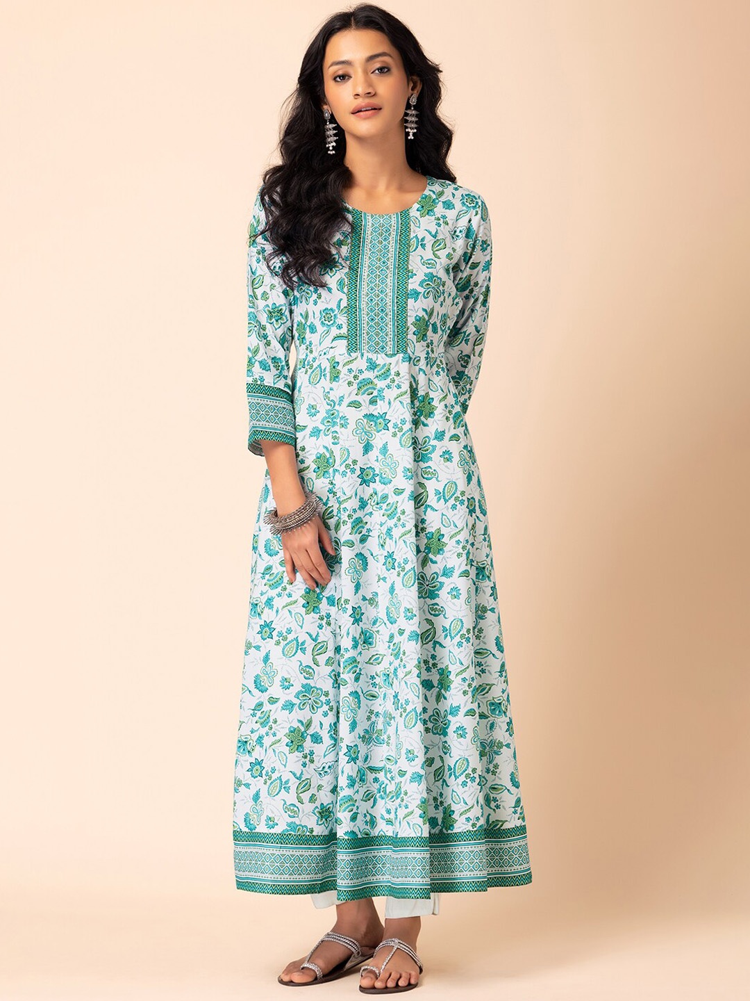 

INDYA Ethnic Motifs Printed Fit & Flare Ethnic Dress, White