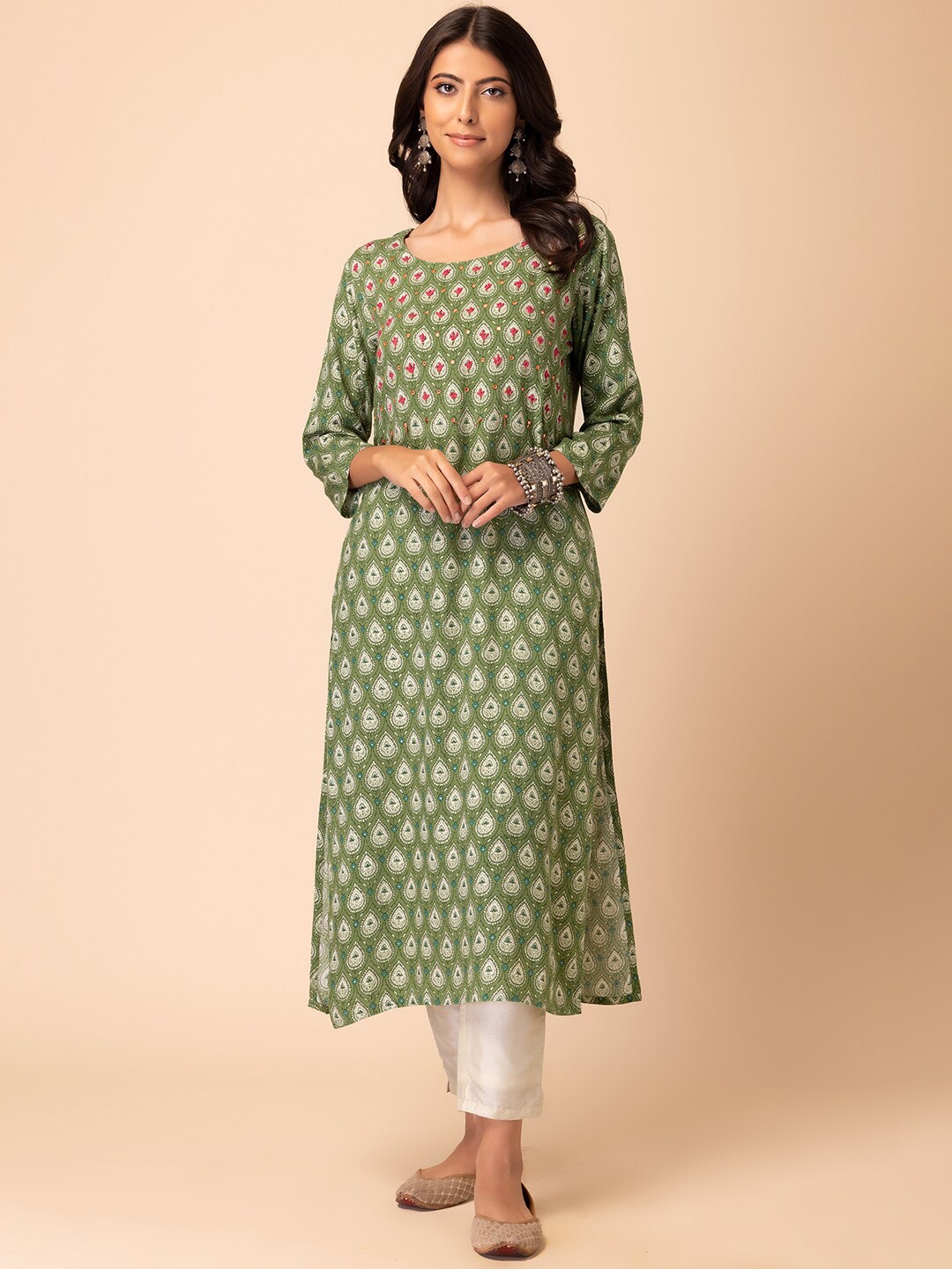 

INDYA Printed & Embroidered Pure Cotton Straight Kurta, Green