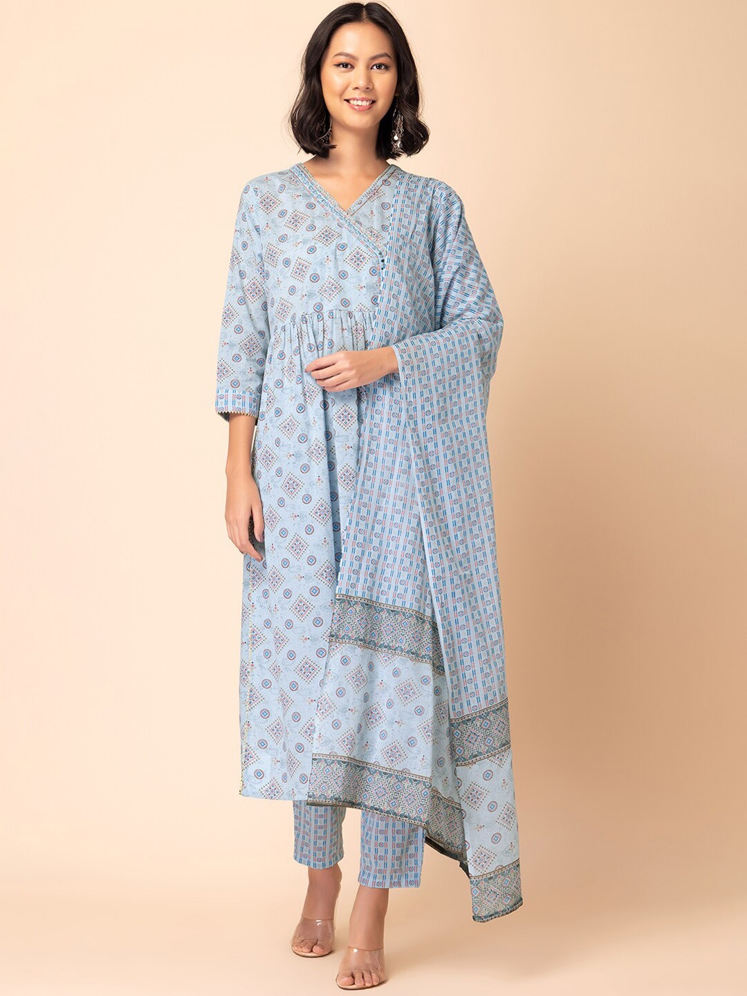 

INDYA Printed & Embroidered Pure Cotton Angrakha Kurta With Trouser & Dupatta, Blue