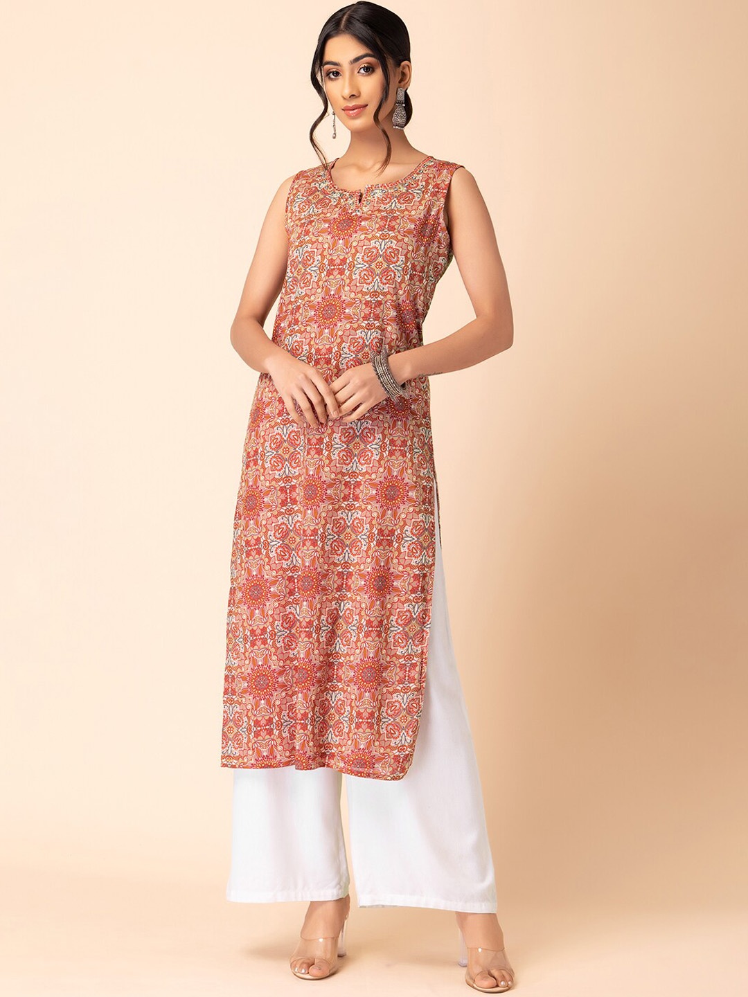 

INDYA Printed & Embroidered Pure Cotton Straight Kurta, Orange
