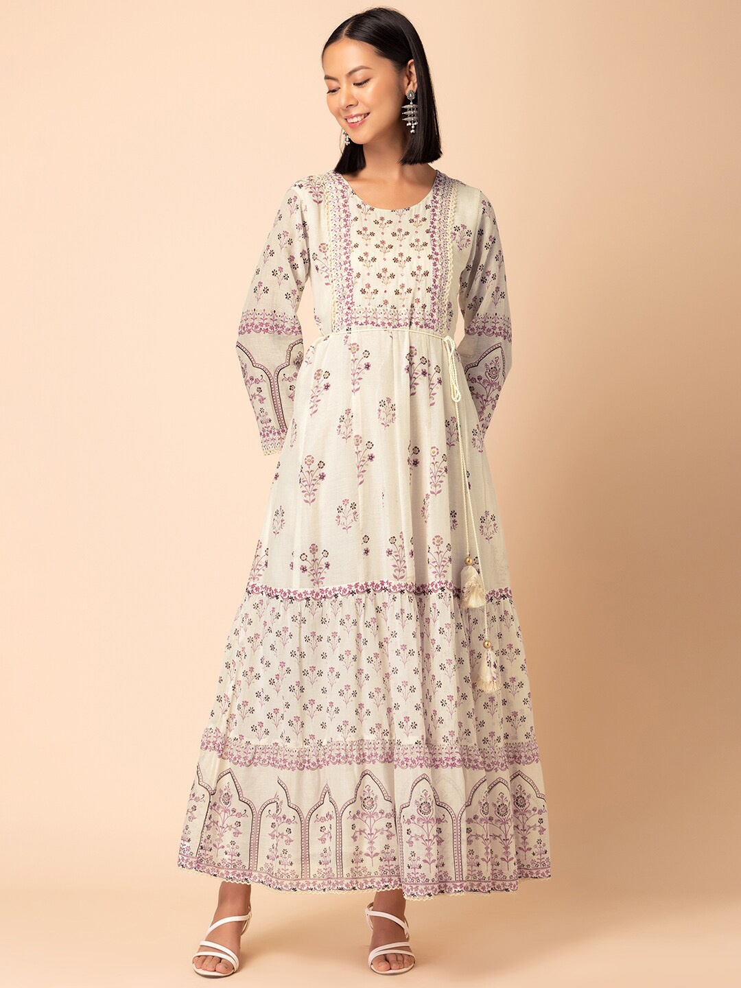 

INDYA Floral Printed & Embroidered Pure Cotton Fit & Flare Ethnic Dress, Off white