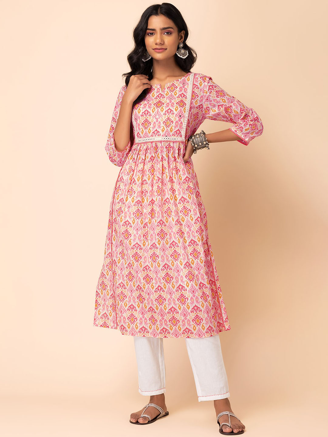 

INDYA Ikat Printed Gotta Patti Pure Cotton A-Line Kurta With Trouser, Off white