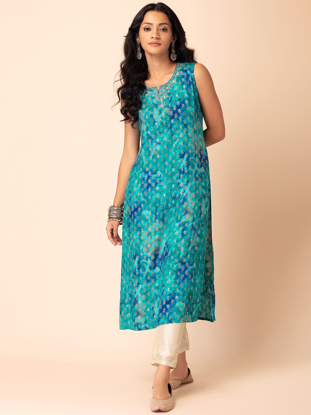 

INDYA Printed & Embroidered Straight Kurta, Blue