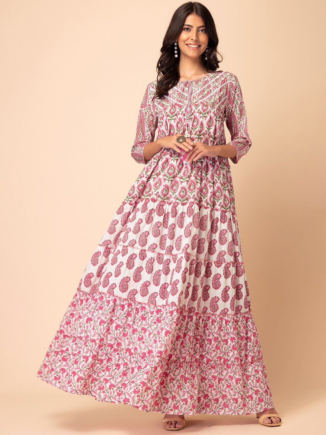 

INDYA Ethnic Motifs Printed & Embroidered Pure Cotton Tiered Dress, White