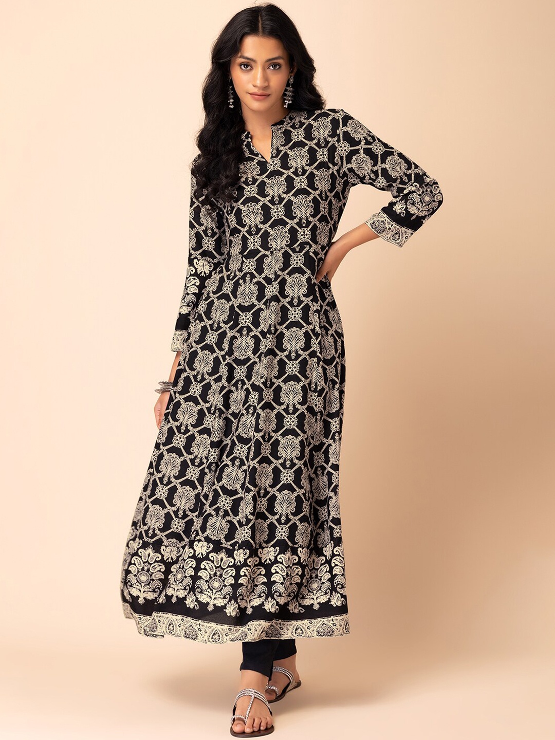 

INDYA Printed Anarkali Kurta, Black