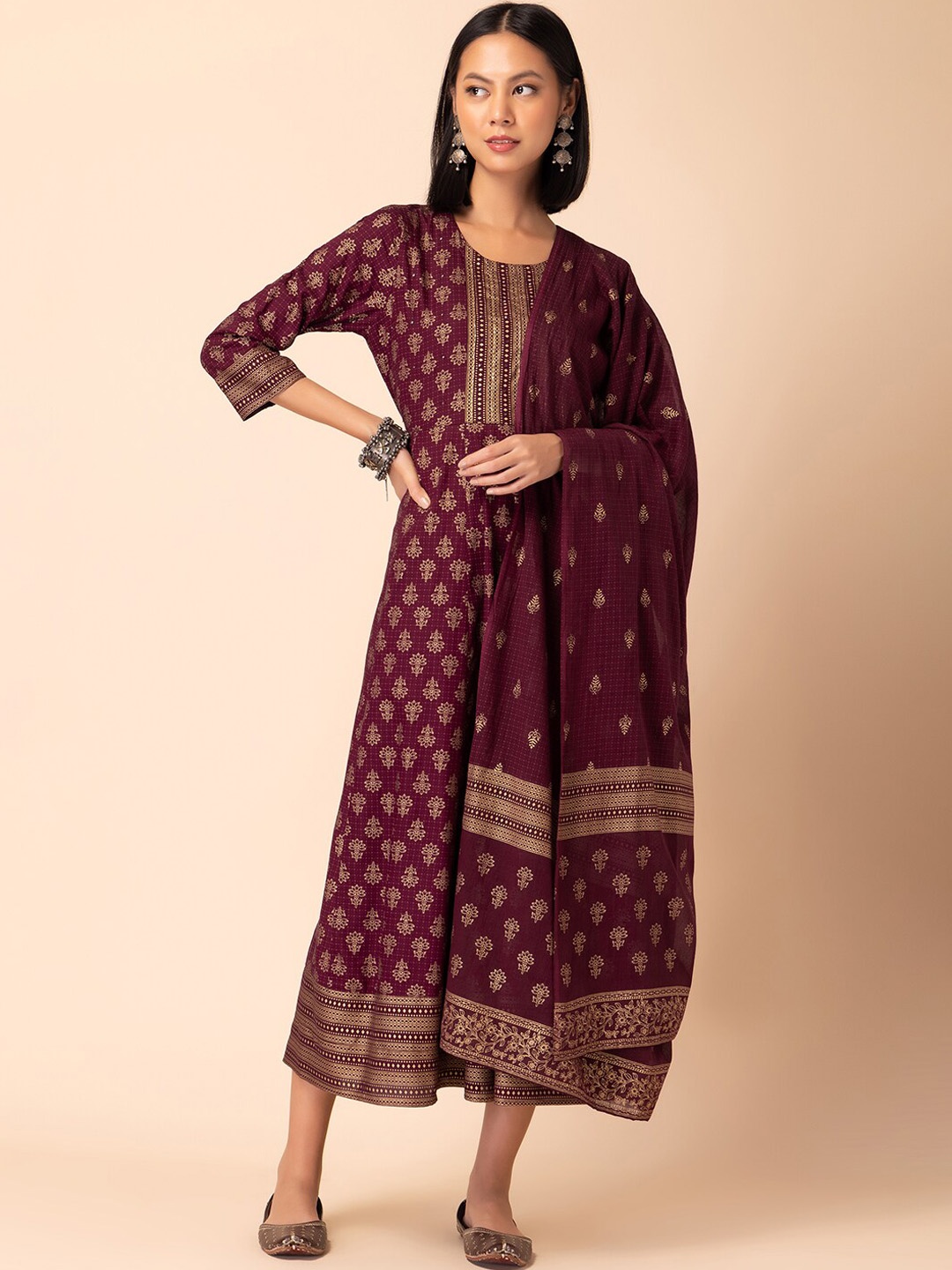 

INDYA Foil Printed & Embroidered Anarkali Kurta With Dupatta, Maroon