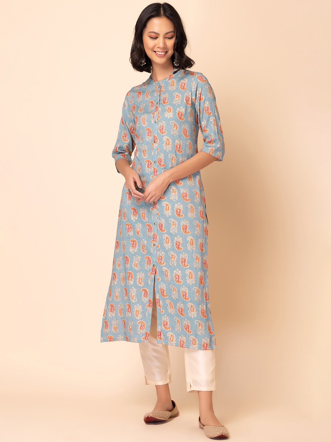 

INDYA Foil Printed A-Line Kurta, Blue