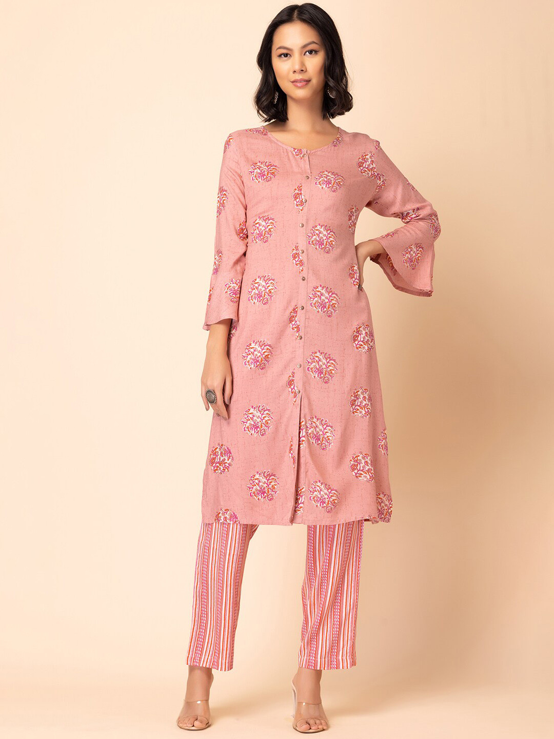 

INDYA Floral Printed Straight Kurta With Trouser, Brown