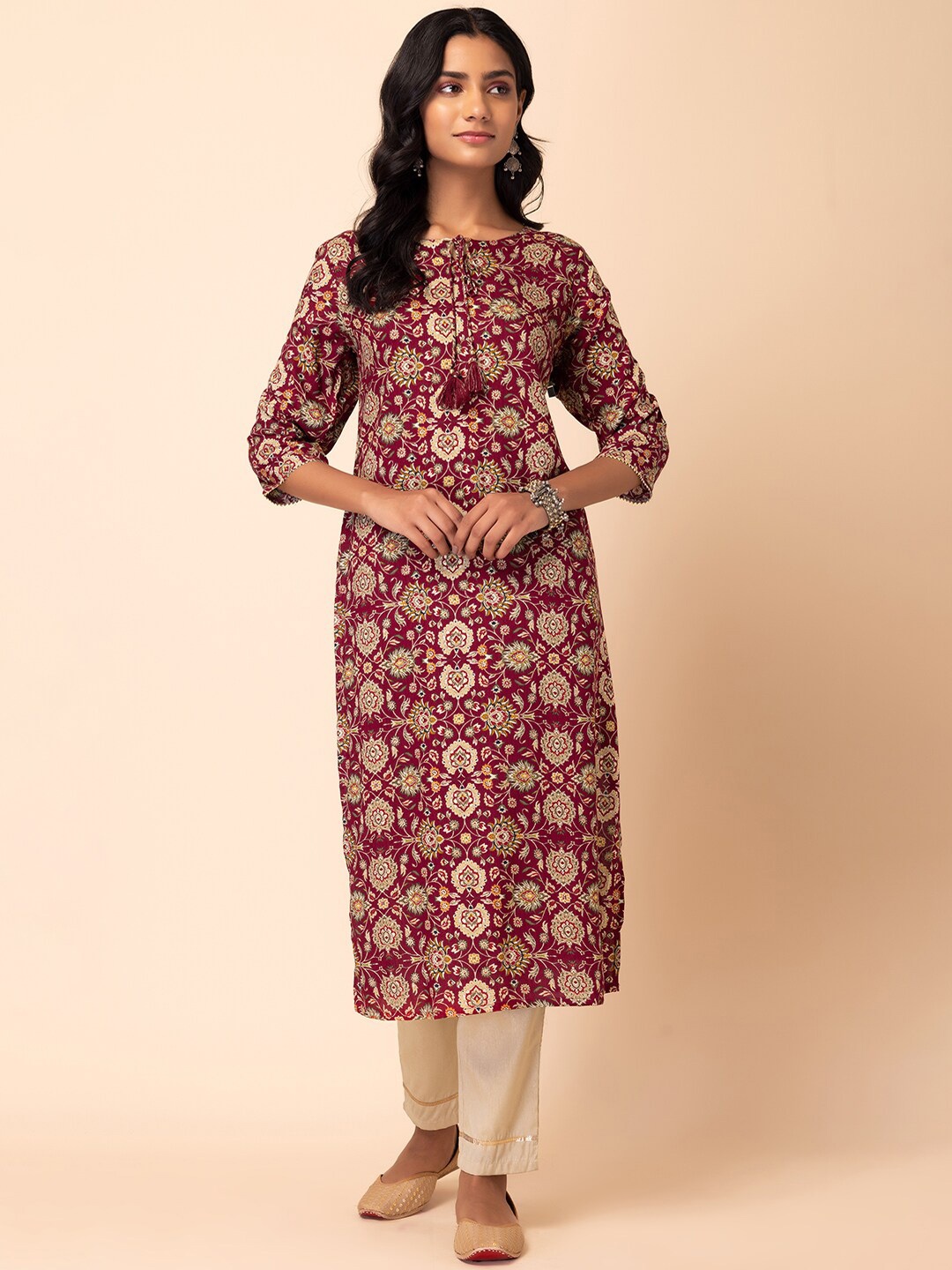 

INDYA Foil Printed Straight Kurta, Maroon