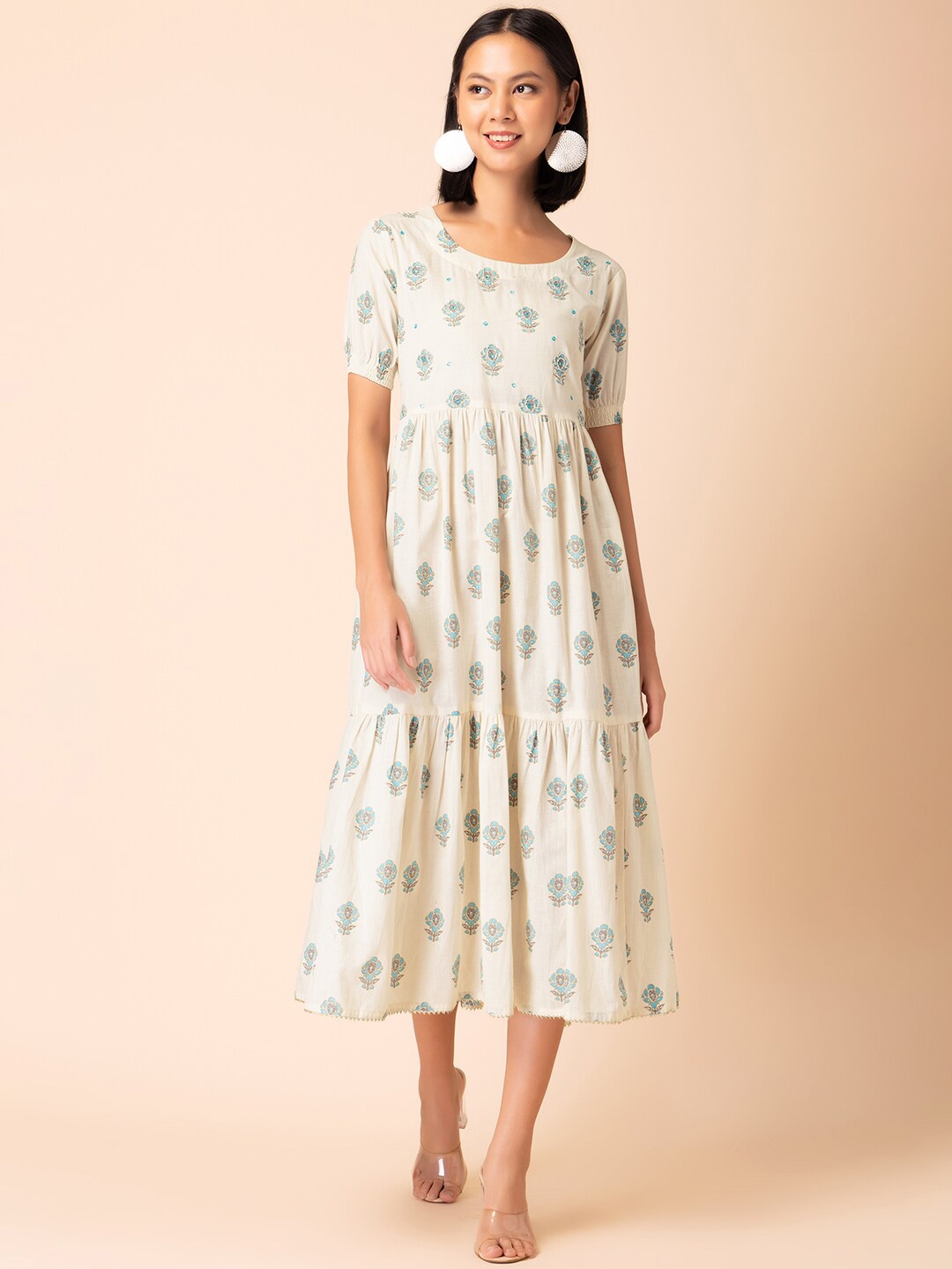 

INDYA Ethnic Motif Printed Tiered Gathers Detailed Cotton Fit &Flare Dress, White