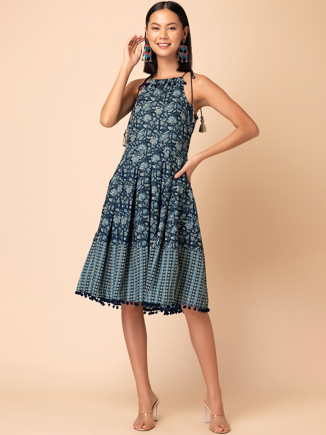 

INDYA Ethnic Printed Pure Tie-Up Neck Cotton A-Line Tiered Dress, Navy blue