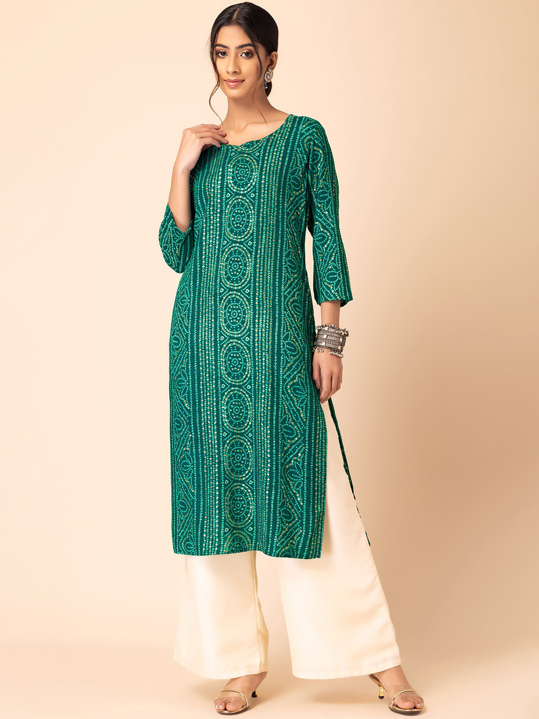 

INDYA Bandhani-Printed A-Line Kurta, Green