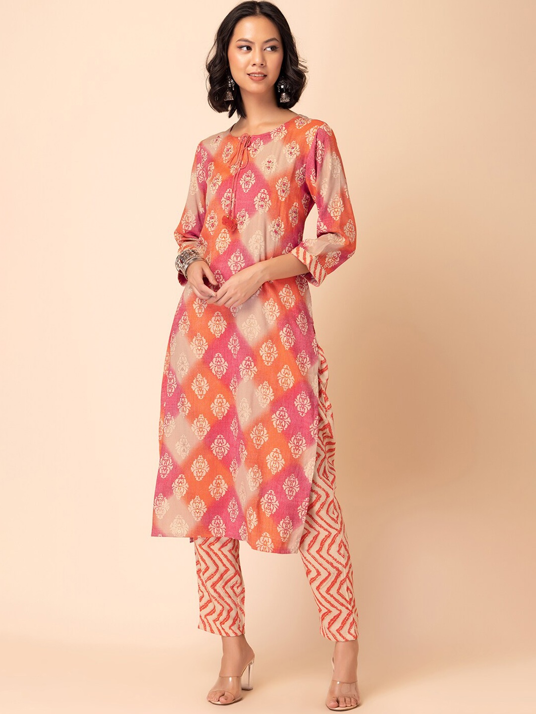 

INDYA Ethnic Motifs Printed Straight Kurta With Trouser, Orange