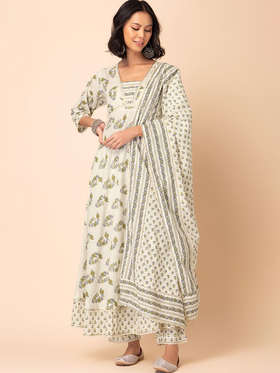 

INDYA Floral Printed Anarkali Pure Cotton Kurta With Trouser & Dupatta, Off white