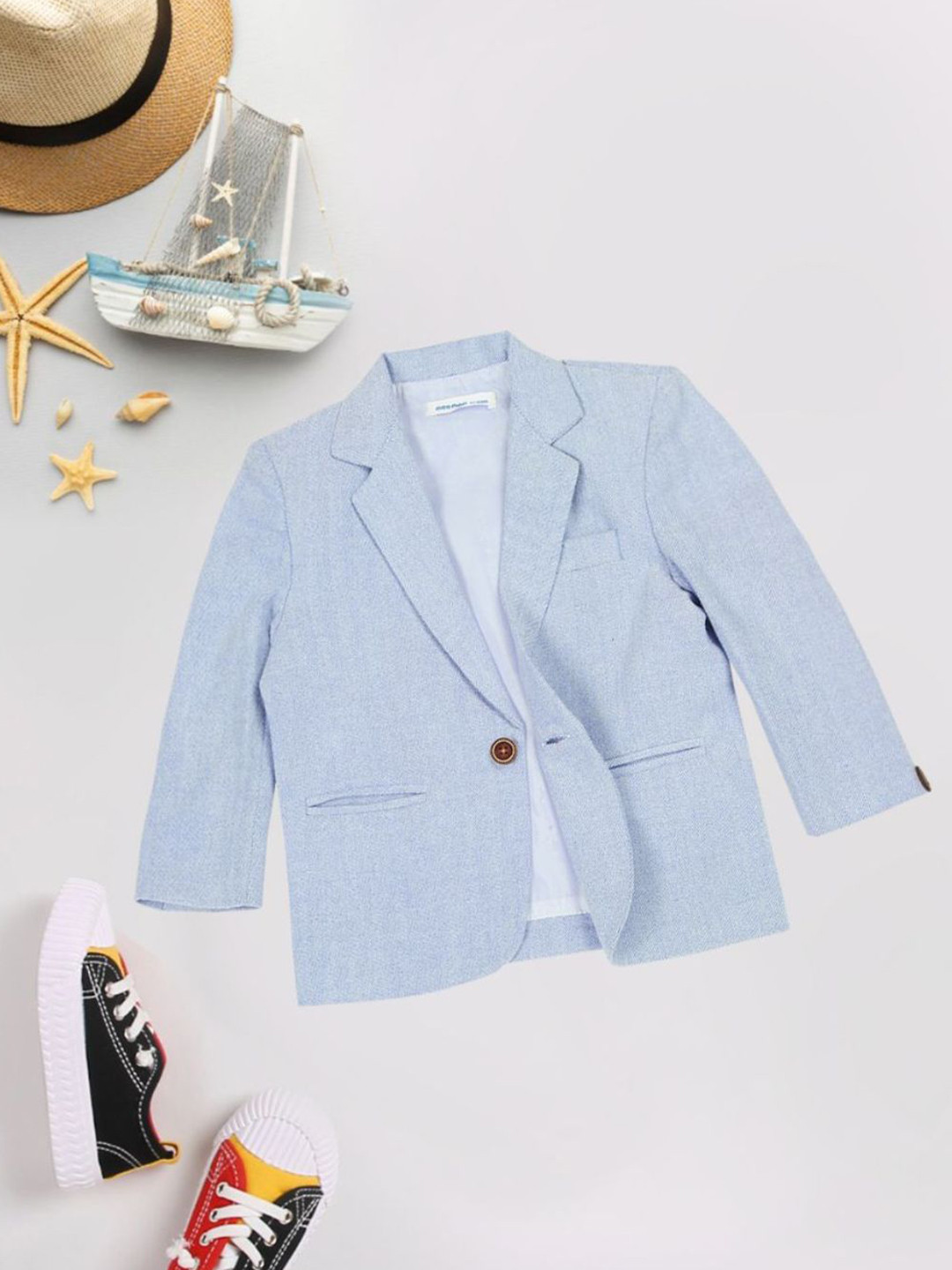 

MeeMee Boys Self-Design Single-Breasted Cotton Blazer, Blue