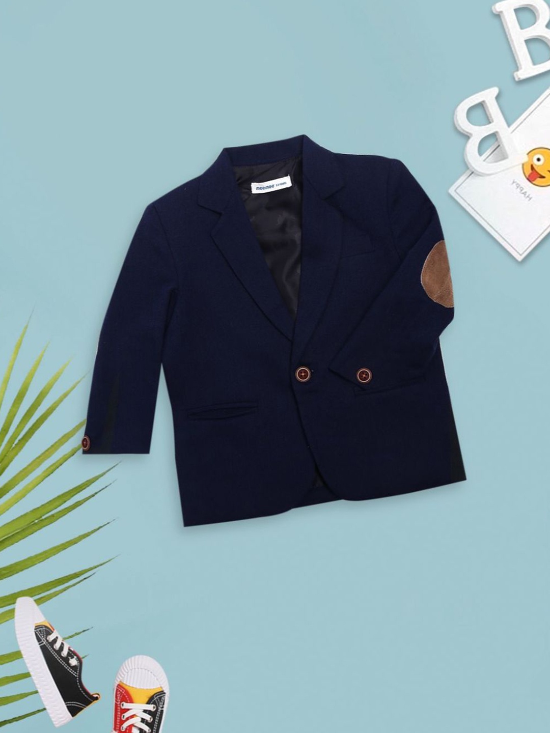 

MeeMee Boys Self-Design Single-Breasted Cotton Blazer, Navy blue