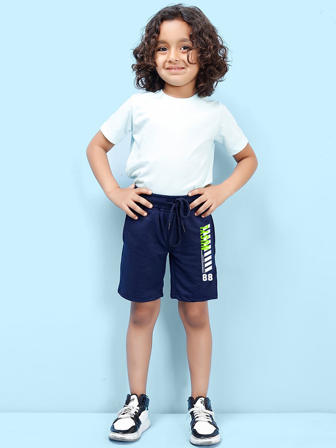 

NUSYL Boys Typography Printed Mid Rise Shorts, Navy blue