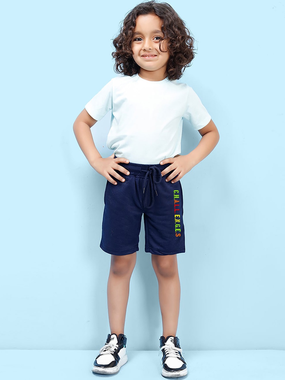 

NUSYL Boys Mid-Rise Typography Printed Casual Cotton Shorts, Navy blue