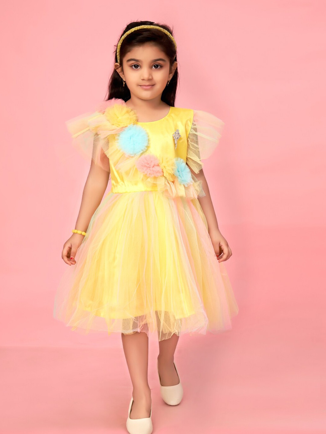 

Muhuratam Self Design Fit & Flare Dress, Yellow