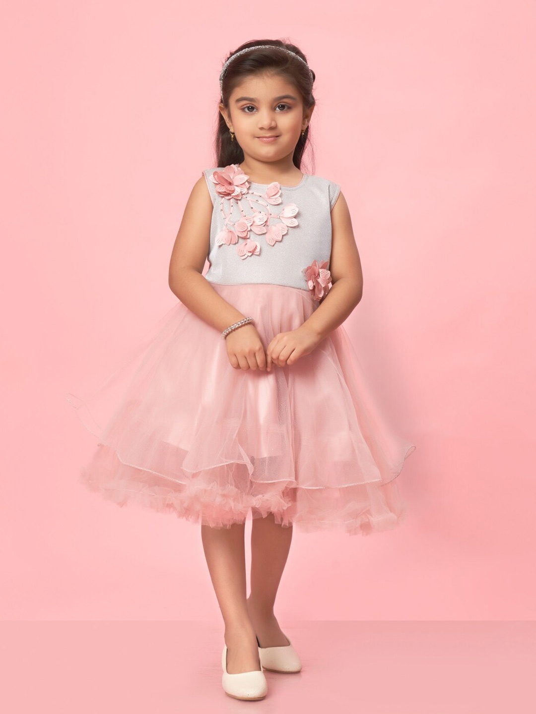 

Muhuratam Girls Floral Embellished Net Fit & Flare Dress, Pink