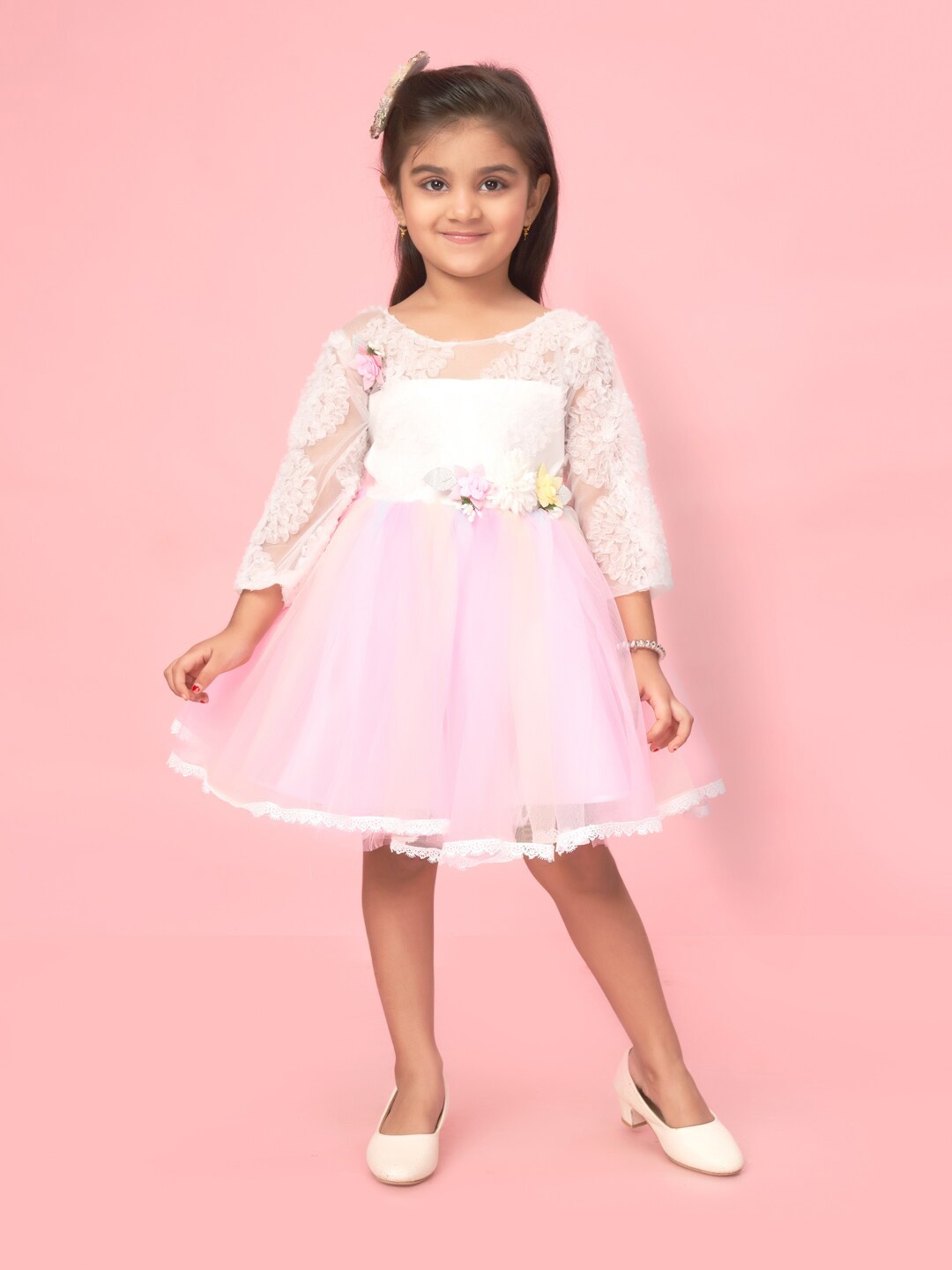 

Muhuratam Girls Floral Self Design Net Fit & Flare Dress, Pink