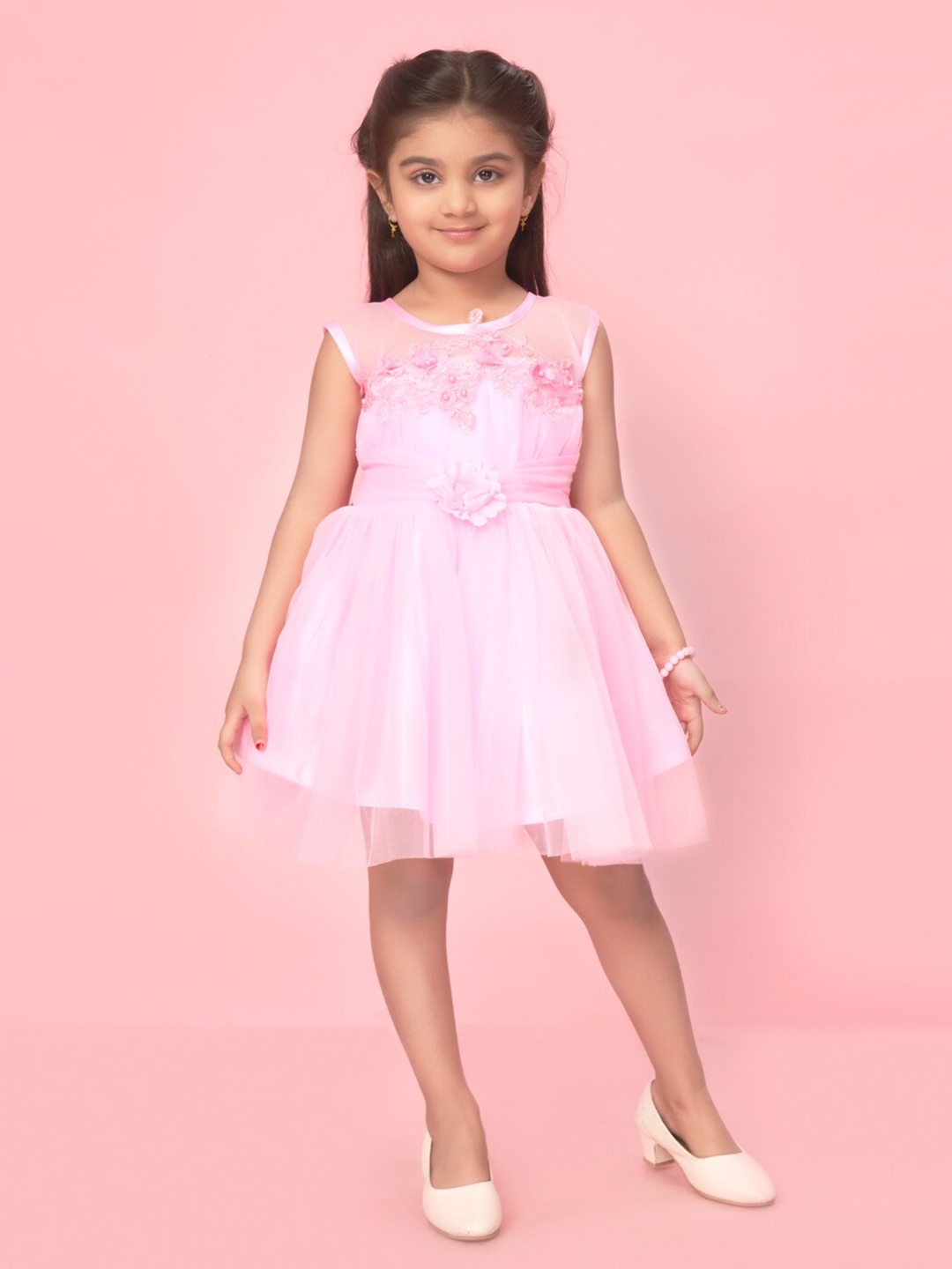 

Muhuratam Girls Floral Embellished Net Fit & Flare Dress, Pink