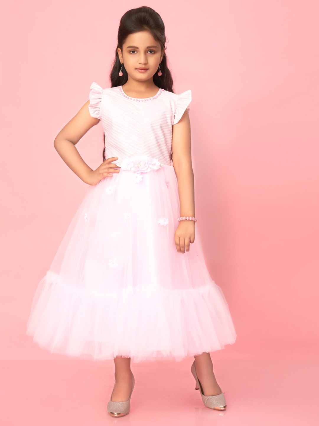

Muhuratam Girls Floral Embellished Net Fit & Flare Dress, Pink