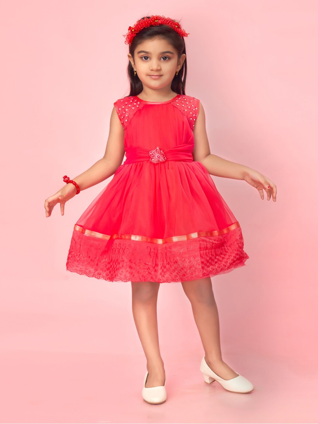

Muhuratam Girls Floral Embellished Net Fit & Flare Dress, Pink